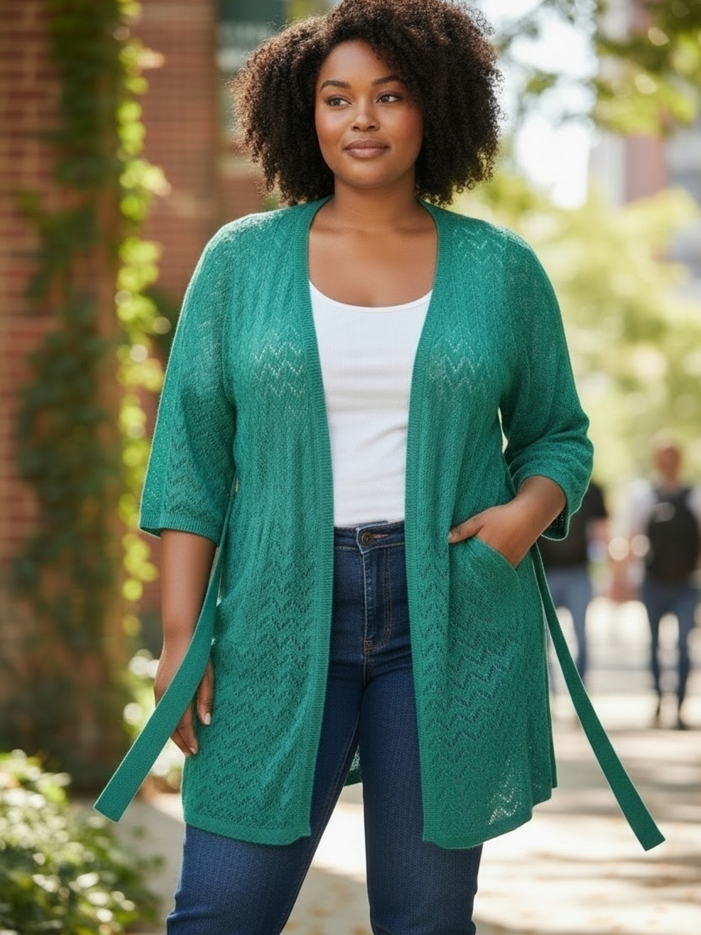Avenue Studio Green Pointelle Knit Open Cardigan 22/24 Chevron Layering Duster